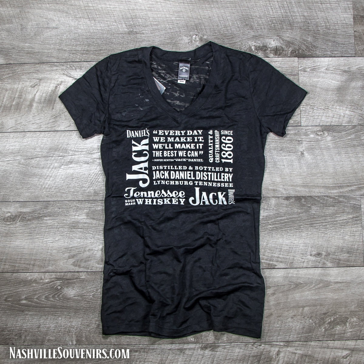 Officially licensed ladies Jack Daniels Slogan's Burnout V-Neck T-Shirt in black. Get yours today with FREE SHIPPING on all US orders over $75!