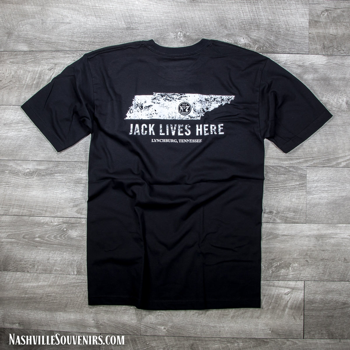 Officially licensed Jack Daniels Jack Lives Here Lynchburg T-Shirt in black with white Lynchburg logo. Get yours today with FREE SHIPPING on all US orders over $75!