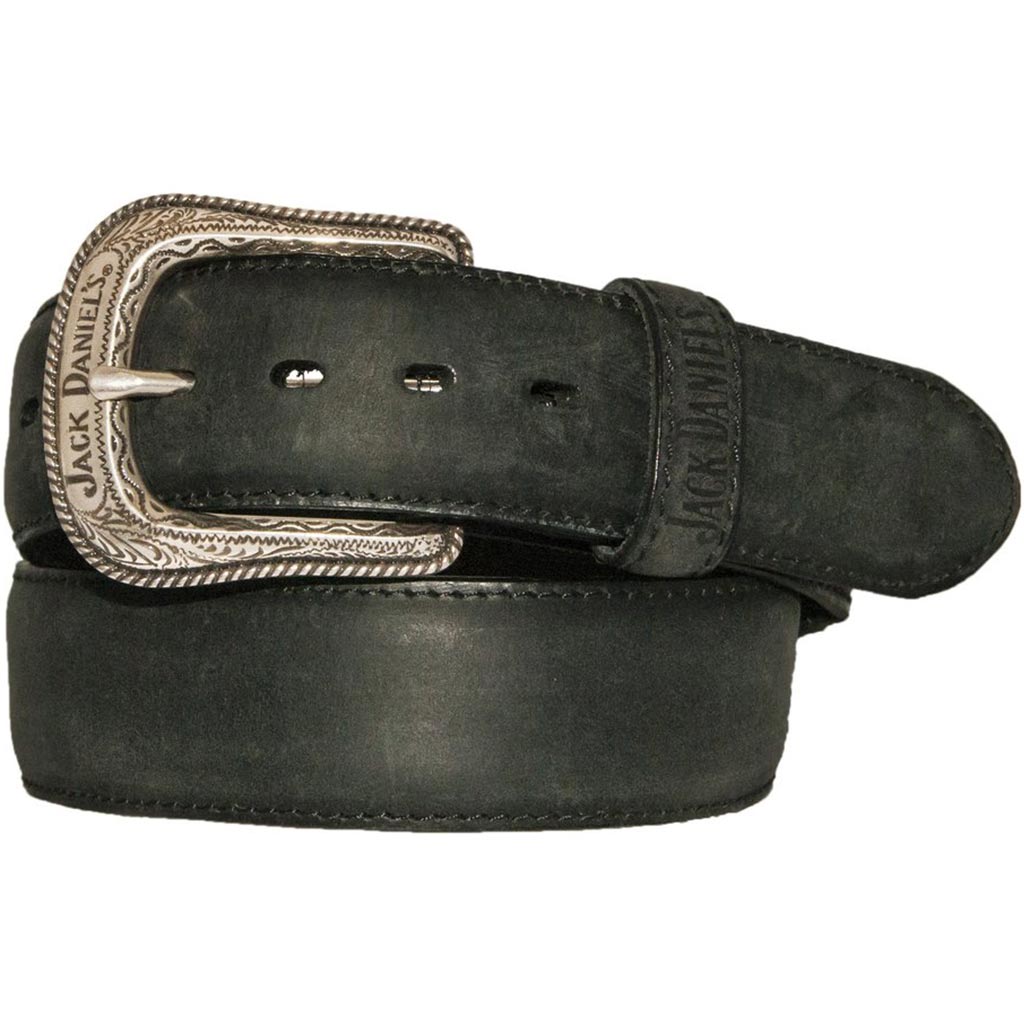 Jack Daniel's oil-tanned leather belt in black with western billets and a silver plated Jack Daniel's buckle.