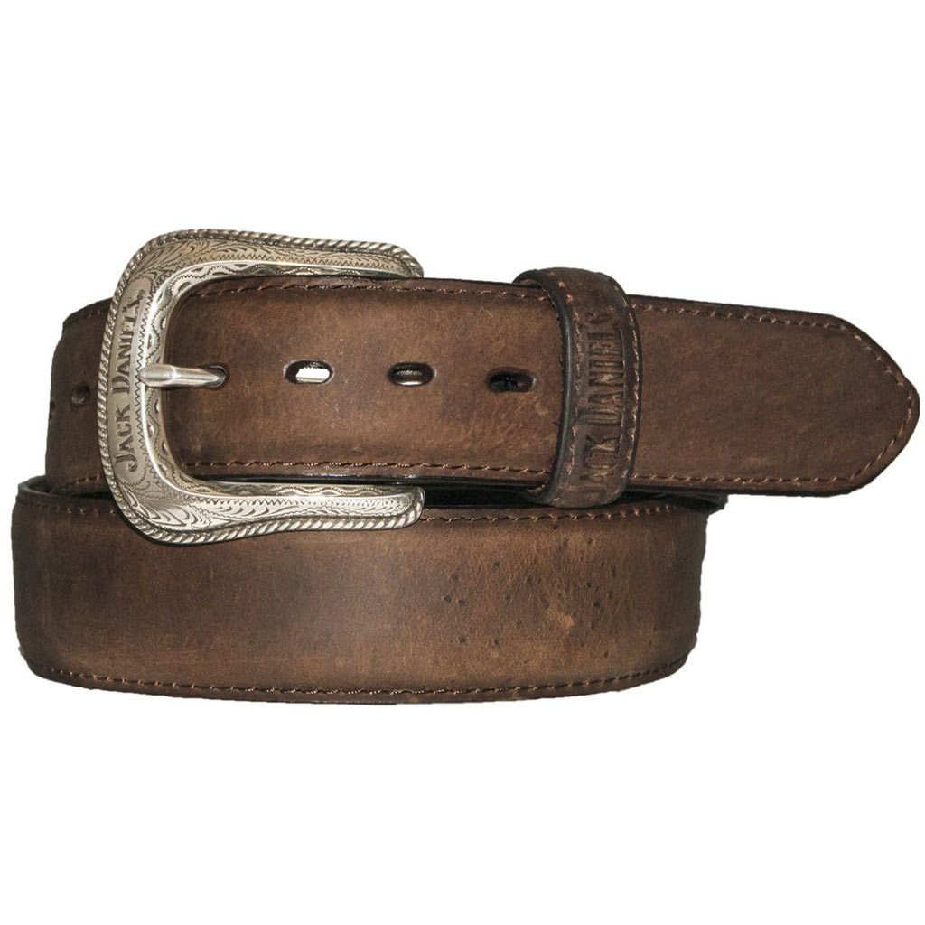 Jack Daniel's oil-tanned leather belt in brown with western billets and a silver plated Jack Daniel's buckle.