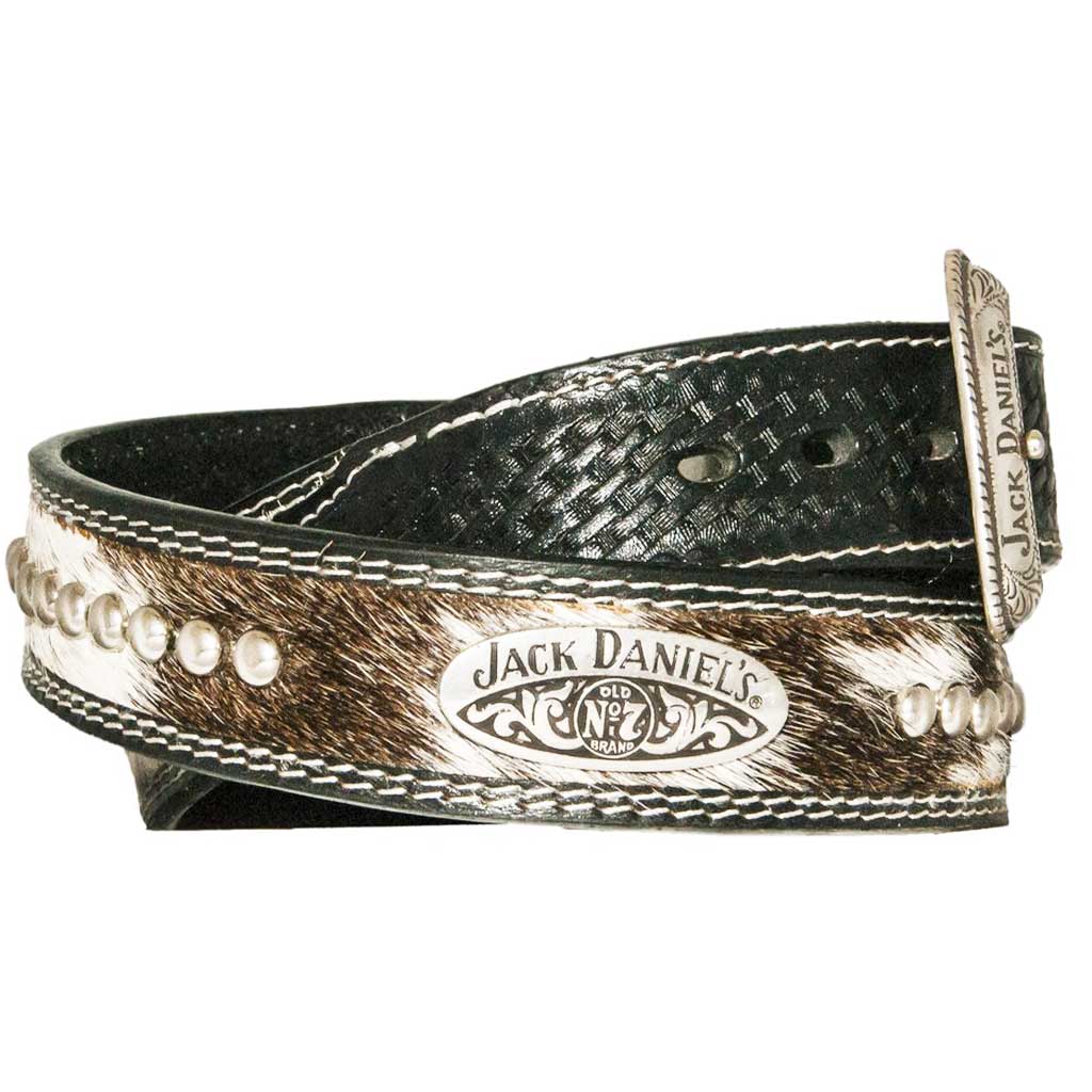 Hip view of a Jack Daniel's Hair-On Studded Belt with hand tooled tabs and ball studs. Also features a basket weave embossed pattern along with a silver Jack Daniel's buckle.