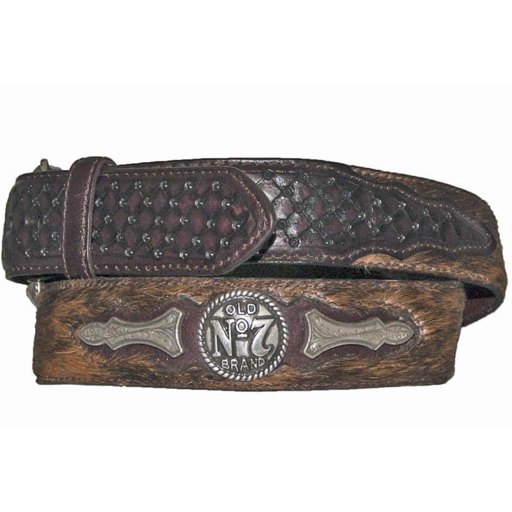 Hip view of a Jack Daniel's Brindle Hair-on Cowhide belt featuring basket weave billets along with Old No.7 Brand medallions.