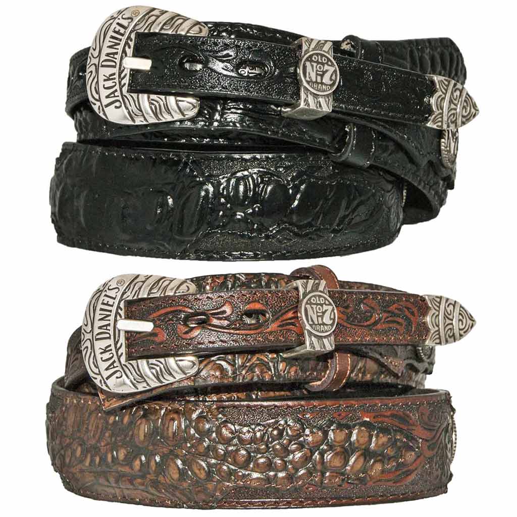 Black and Brown versions of the Jack Daniel's Alligator Embossed Ranger Belt with three piece silver plated Jack Daniel's buckle set.