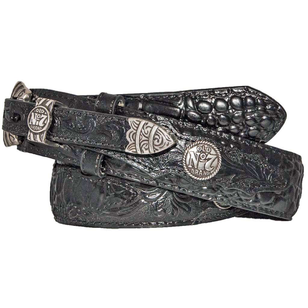 Hip view of the black Jack Daniel's Alligator Embossed Ranger Belt with three piece silver plated Jack Daniel's buckle set.