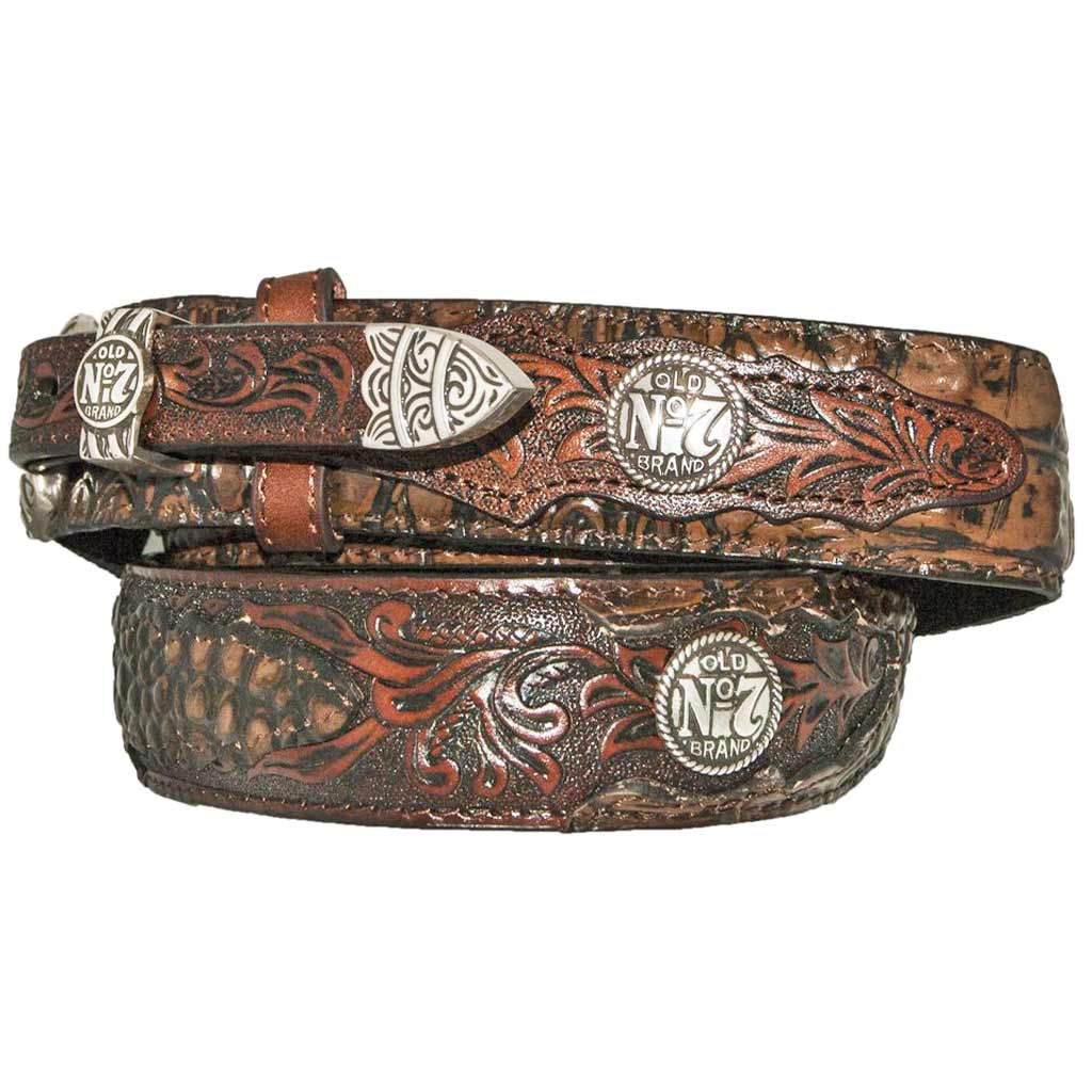 Hip view of the Brown Jack Daniel's Alligator Embossed Ranger Belt with three piece silver plated Jack Daniel's buckle set.