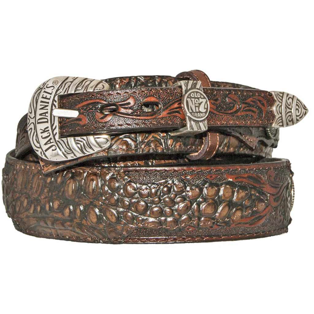 Brown Jack Daniel's Alligator Embossed Ranger Belt with three piece silver plated Jack Daniel's buckle set.