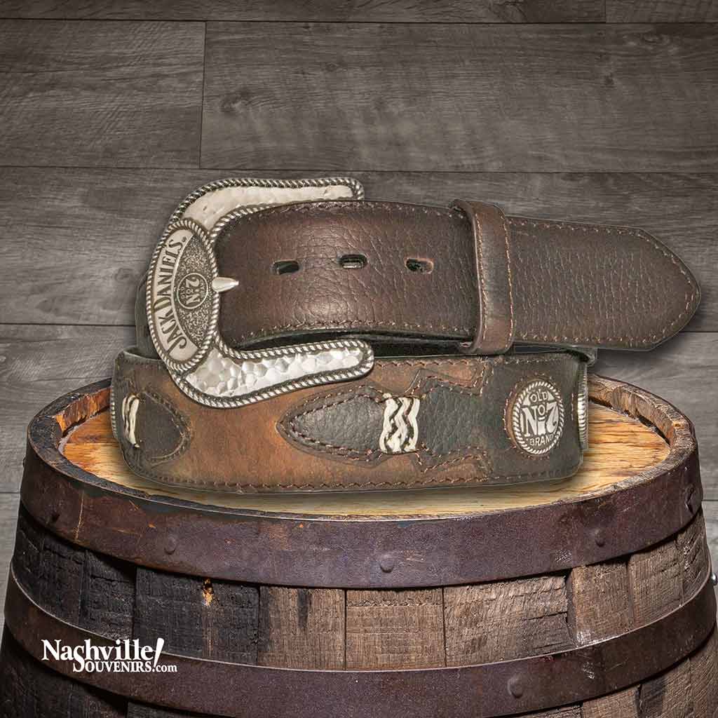 Jack Daniel's Rawhide Knot Western Belt with billets, Jack Daniel's conchos and a silver plated Jack Daniel's buckle in brown full grain leather.