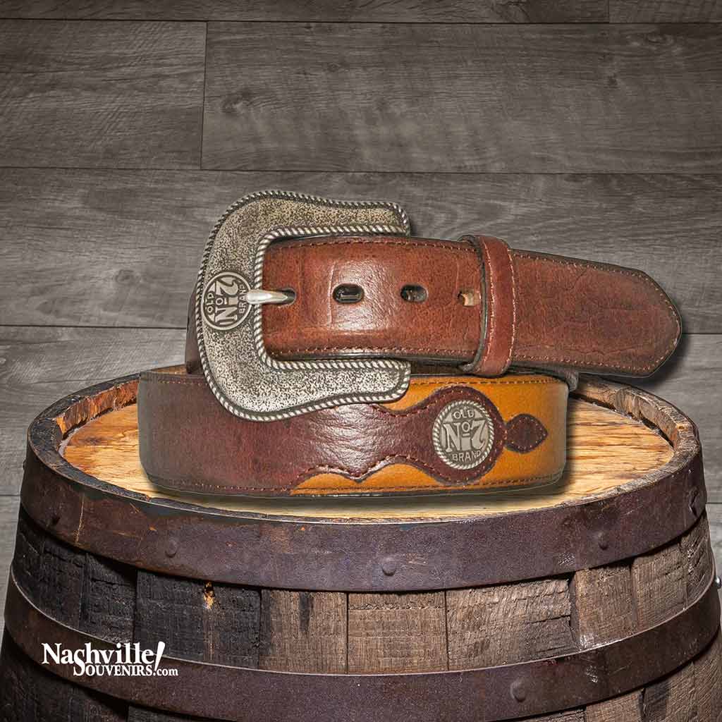 Strap on one of these great looking Jack Daniel's western belts featuring billets adorned with an Old No.7 Brand concho. The belts come in your choice of black or a two-toned leather and are 1 1/2" wide. In addition to the conchos, the belts also have a beautiful silver plated Old No.7 Brand buckle color brown..