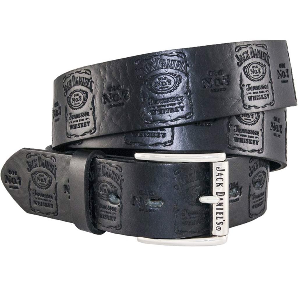 Jack Daniel's Bottle Label Belt in black leather with a silver plated Jack Daniel's roller buckle.