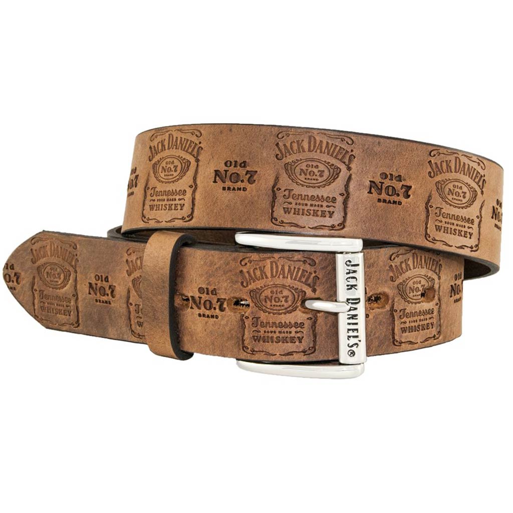 Jack Daniel's Bottle Label Belt in a tan color with a silver plated Jack Daniel's roller buckle.