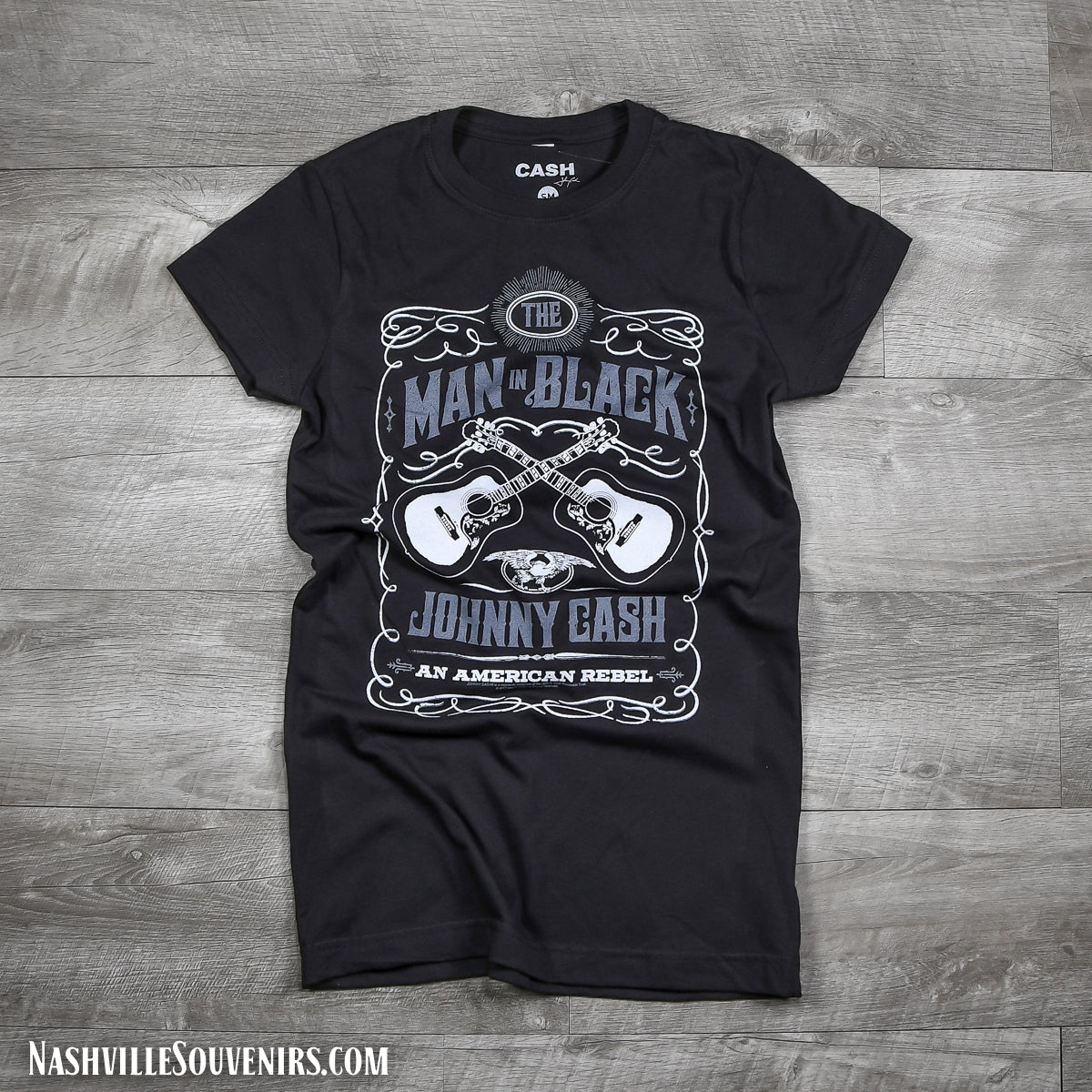 Johnny Cash T-shirt Man in Black Guitars Logo. Get yours today with FREE SHIPPING on all US orders over $75!