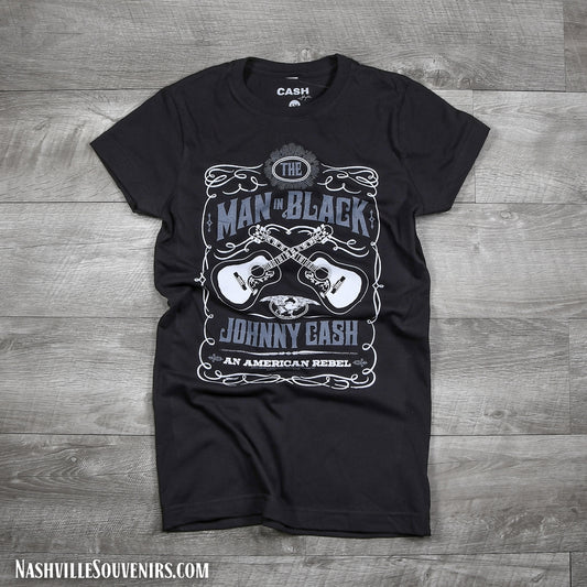 Johnny Cash T-shirt Man in Black Guitars Logo. Get yours today with FREE SHIPPING on all US orders over $75!