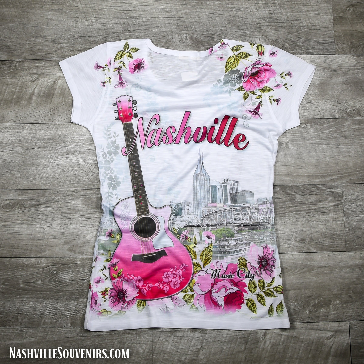 Womens Nashville Shirt with Floral Guitar and Skyline
