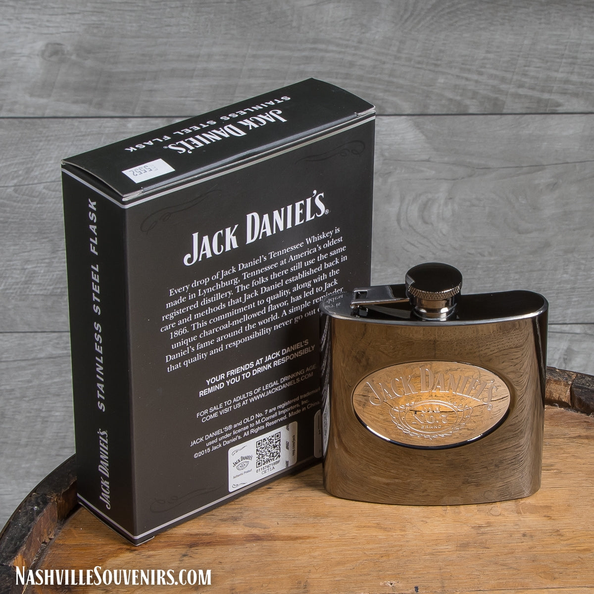 Officially licensed Jack Daniels Gun Metal Finish Flask.  FREE SHIPPING on all US orders over $75!