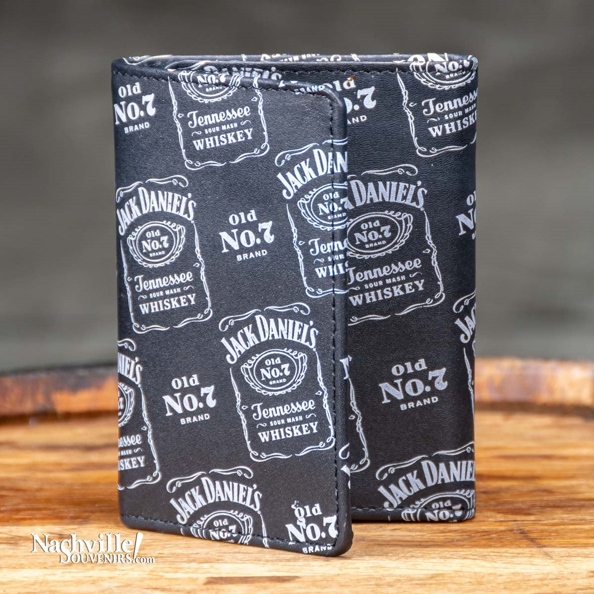 Jack Daniel's Signature Label Trifold Wallet. This great wallet features multiple JD bottle label logos printed in white against a black leather background. Get one today with FREE SHIPPING on all US orders over $75!
