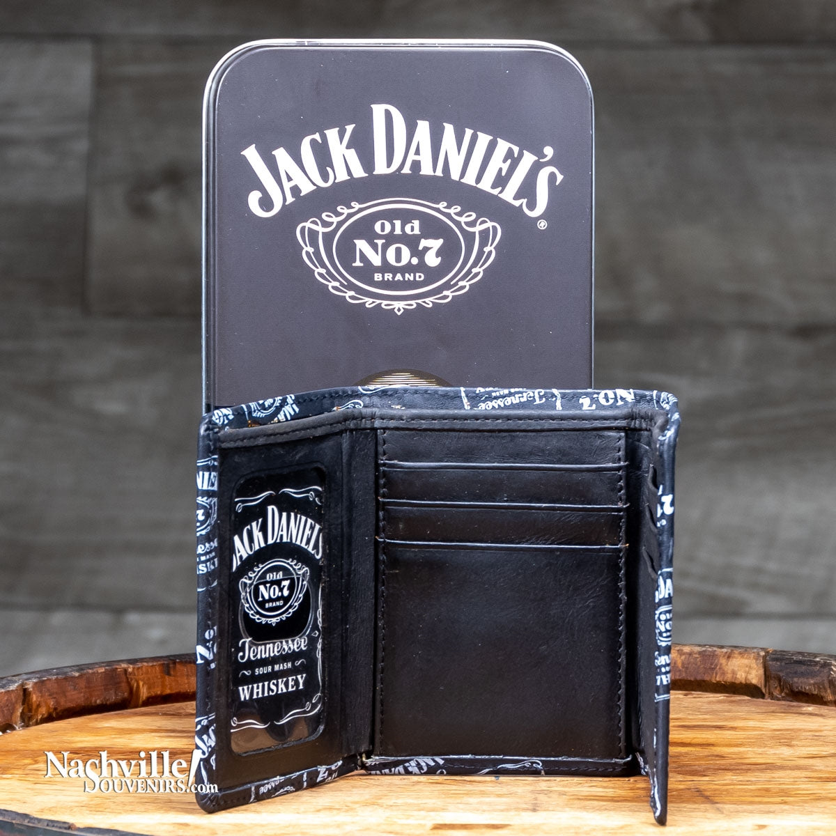 Jack Daniel's Signature Label Trifold Wallet. This great wallet features multiple JD bottle label logos printed in white against a black leather background. Get one today with FREE SHIPPING on all US orders over $75!