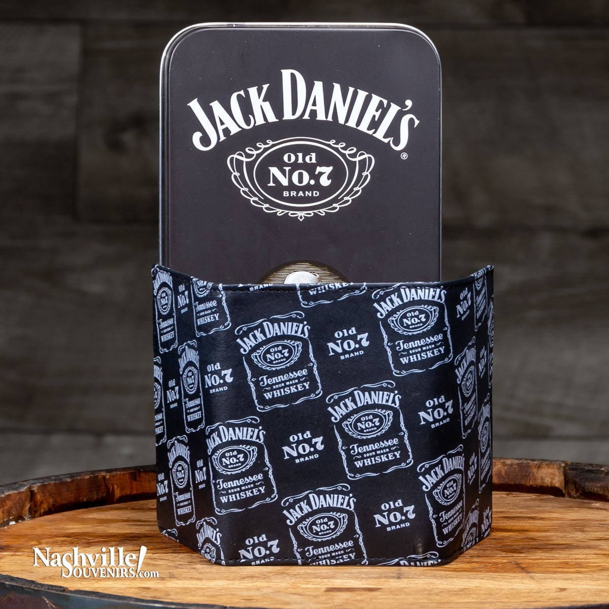 Jack Daniel's Signature Label Trifold Wallet. This great wallet features multiple JD bottle label logos printed in white against a black leather background. Get one today with FREE SHIPPING on all US orders over $75!