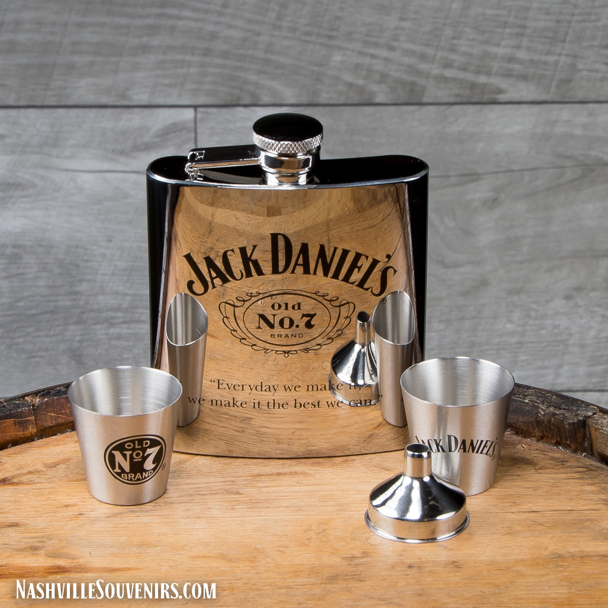 Officially licensed Jack Daniels Gift Set with Mirror Finish Flask, Shots and Funnel.  FREE SHIPPING on all US orders over $75!