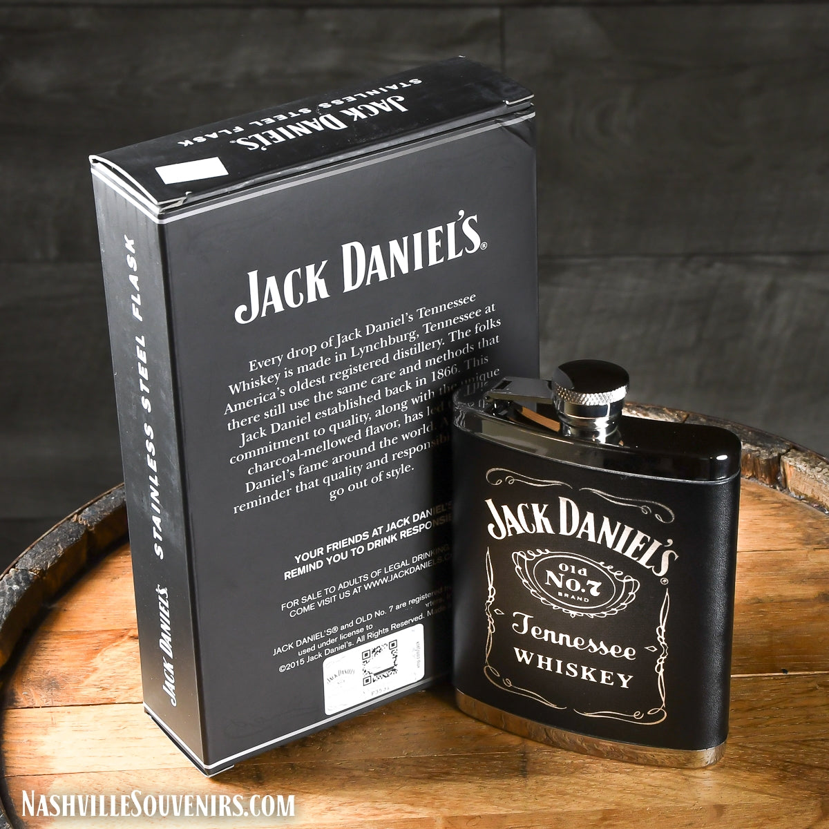 Officially licensed Jack Daniels Stainless Leather Cover Flask. FREE SHIPPING on all US orders over $75!