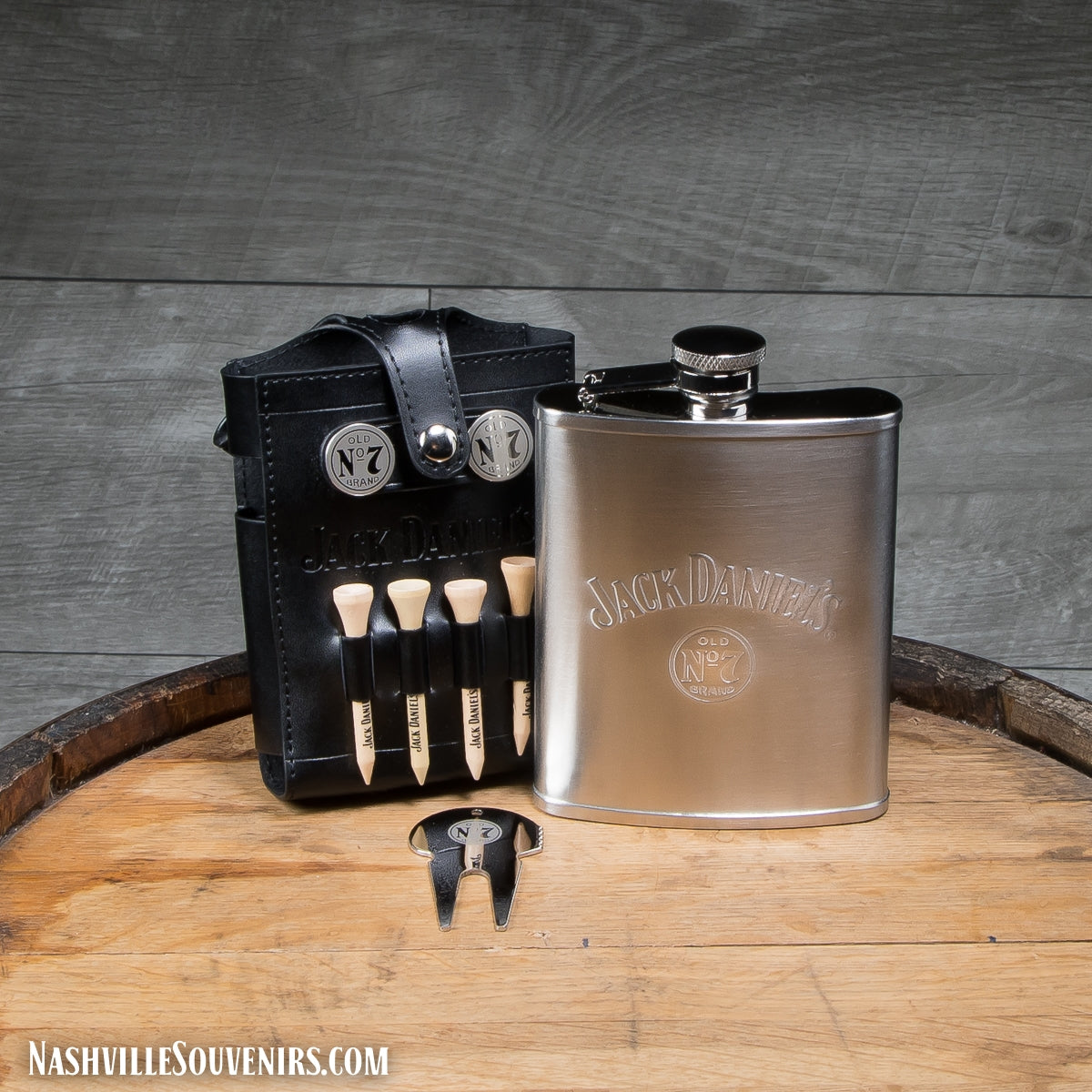 Hit the links in style with this officially licensed Jack Daniels Gift Set with Flask, Golf Tees and more. FREE SHIPPING on all US orders over $75! Also includes ball markers, tees and a divot tool.