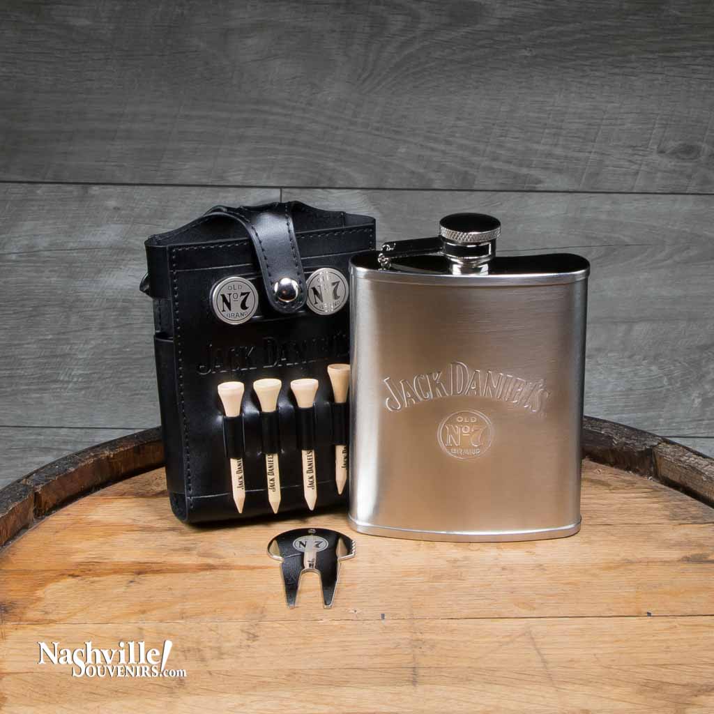 Hit the links in style with this officially licensed Jack Daniels Gift Set with Flask, Golf Tees and more.  FREE SHIPPING on all US orders over $75! Also includes ball markers, tees and a divot tool.