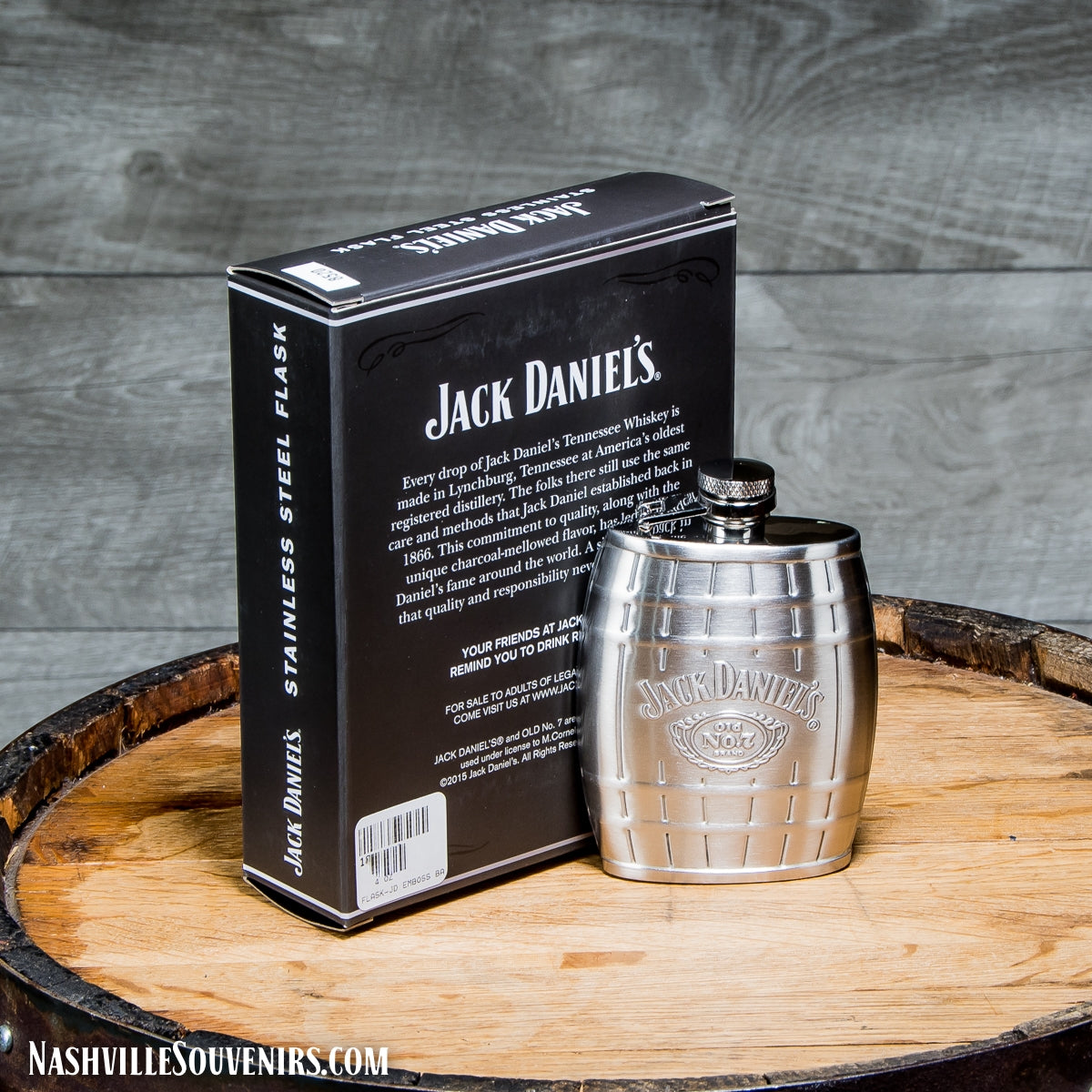 Officially licensed Jack Daniels Embossed Cartouche Logo Barrel Flask.  FREE SHIPPING on all US orders over $75!