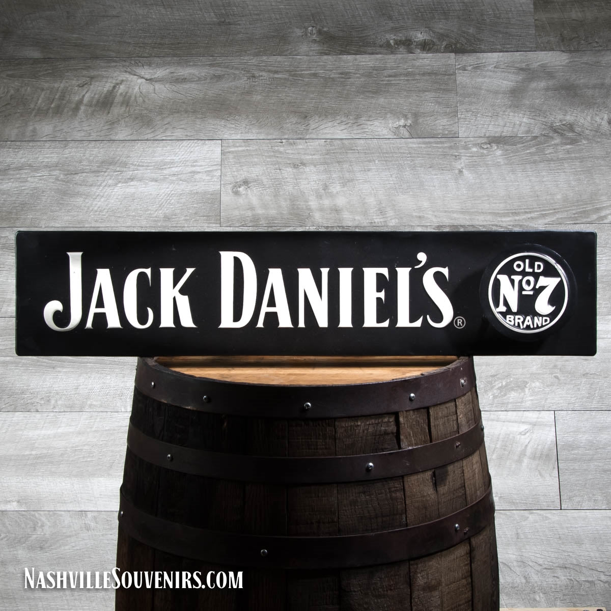 The JD metal sign is made from two tiers of embossed metal and features a big bold Jack Daniel's along with an Old No.7 Brand logo. The Old No.7 logo is attached separately with three anchor points giving it a beautiful dimensional touch. See the alternate photo for the close-up details in this metal sign