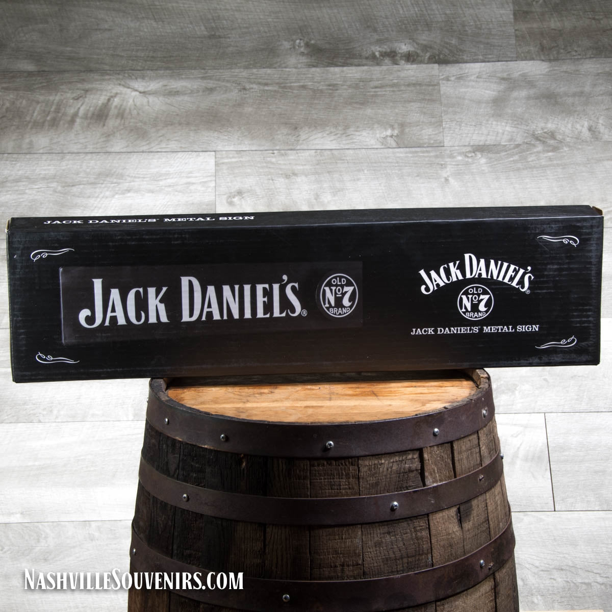 The JD metal sign is made from two tiers of embossed metal and features a big bold Jack Daniel's along with an Old No.7 Brand logo. The Old No.7 logo is attached separately with three anchor points giving it a beautiful dimensional touch. See the alternate photo for the close-up details in this metal sign