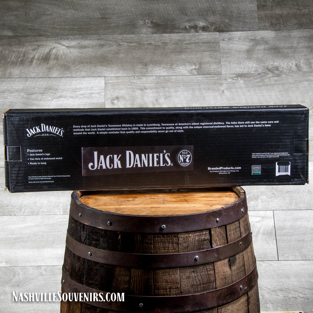 The JD metal sign is made from two tiers of embossed metal and features a big bold Jack Daniel's along with an Old No.7 Brand logo. The Old No.7 logo is attached separately with three anchor points giving it a beautiful dimensional touch. See the alternate photo for the close-up details in this metal sign