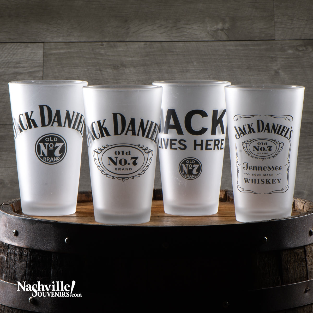 This JD glass set features four frosted pint glasses (16 ounce/ 480 ml capacity). Each glass sports a different Jack Daniel's logo or branding including the Swing and Cartouche, Jack Lives Here, Bottle Label Logo and the Swing and Bug logo.