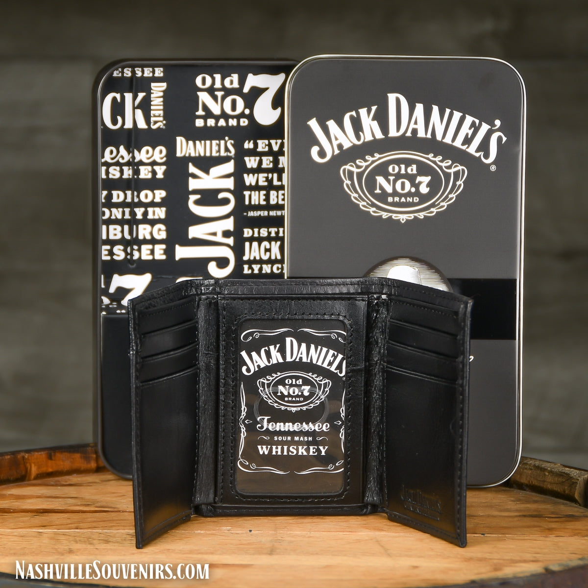 Black Jack Daniels TriFold Wallet in Cowhide with Old No.7 Medallion