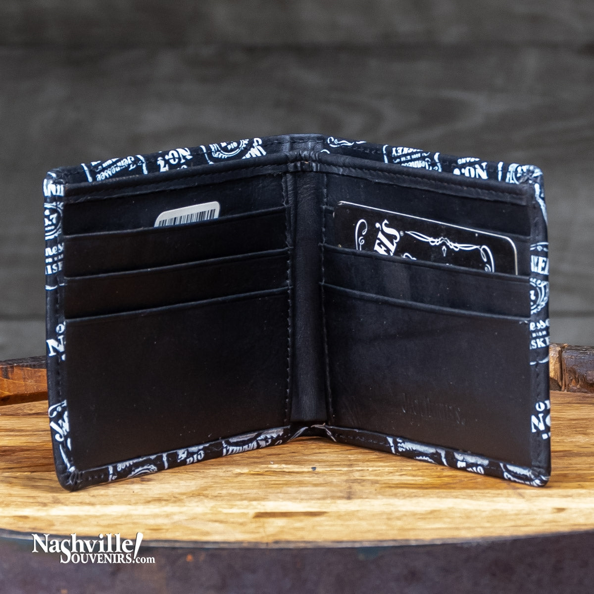 Jack Daniel's Signature Label Billfold. This great wallet features multiple JD bottle label logos printed in white against a black background.Get one today with FREE SHIPPING on all US orders over $75! One of for most popular designs featuring multiple Jack Daniel's logos.