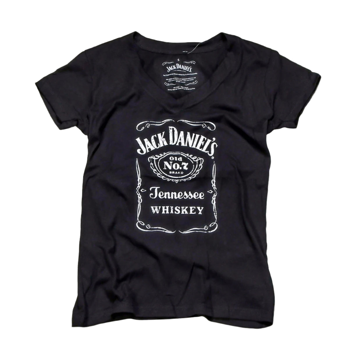Officially licensed Jack Daniels Women's V-Neck T-Shirt with Bottle label in black. Get yours today with FREE SHIPPING on all US orders over $75!