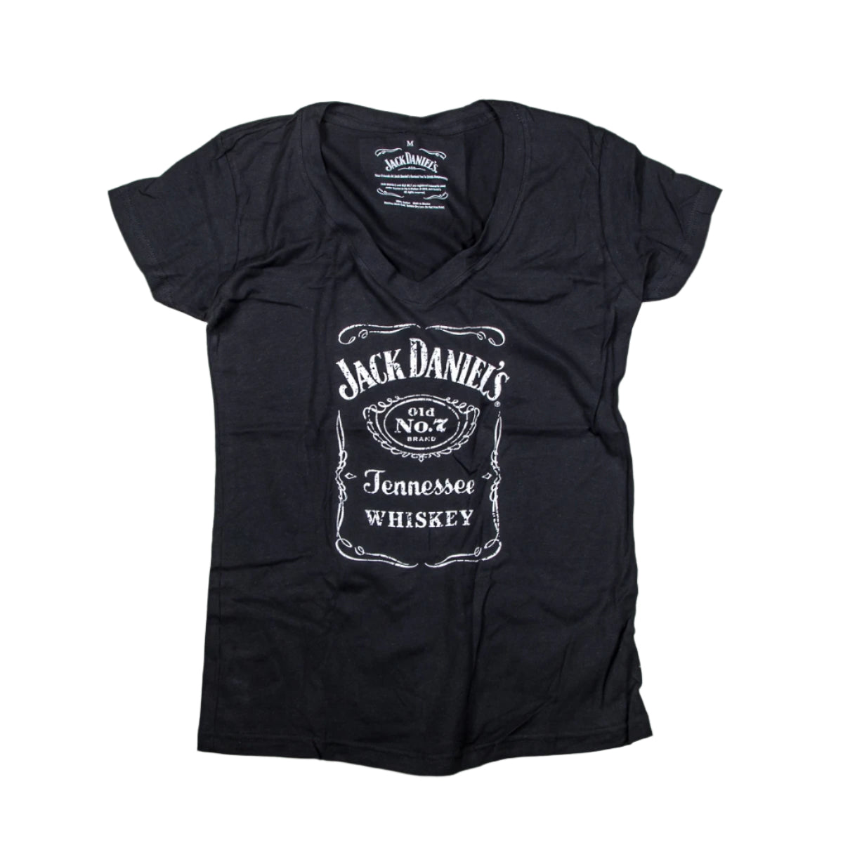 Officially licensed ladies Jack Daniels Bottle Label V-neck T-Shirt in black with white logo. Get yours today with FREE SHIPPING on all US orders over $75!