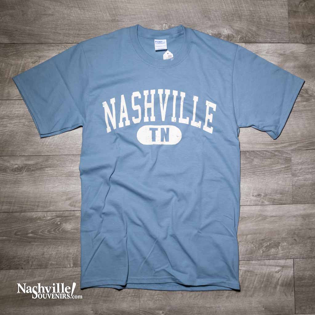 A new Nashville design that is minimalist, yet classic. It simply states "Nashville TN" in a large arched design using a weathered white type style.  The Nashville TN shirt comes in two colors, Stone Blue and Olive. They are available in sizes Small, Medium, Large, X-Large, 2X and 3X.