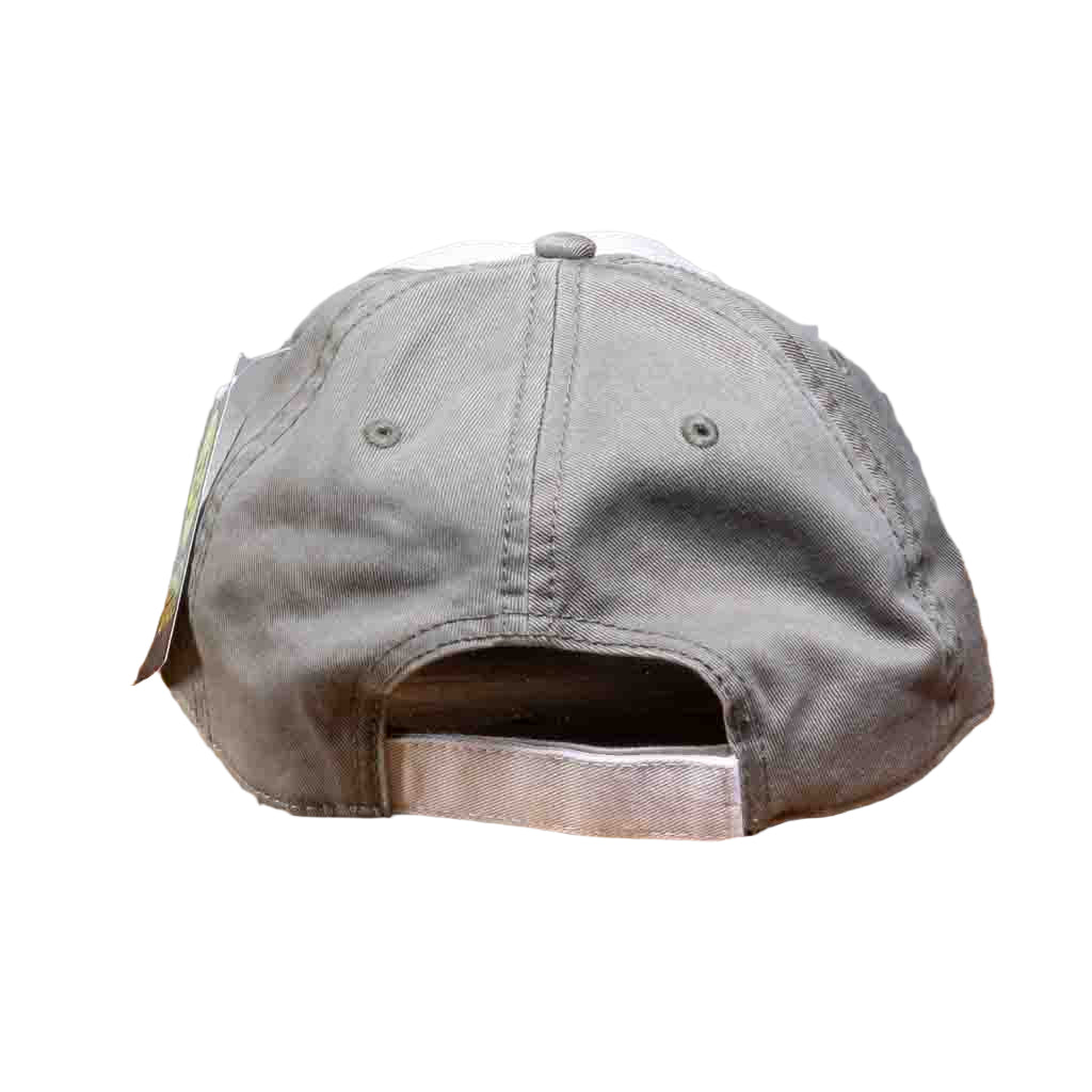 Rear View -This Nashville Music City Cap features an oval patch with an embroidered Guitar and Nashville Music City stitched on a colored background. The Nashville hat has a stiff, rounded khaki colored bill in a relaxed fit vintage washed twill and a cloth front crown. The body has two matching front khaki panels and the remainder are in a darker olive green color.