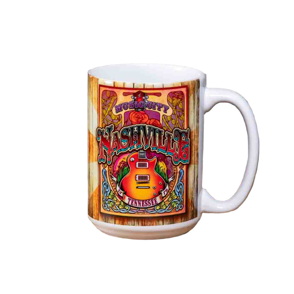 This "Music City" Nashville TN Coffee Mug is a white ceramic mug with an easy to grip handle. The mug features a very colorful wrap around design highlighted by an image of an acoustic guitar.