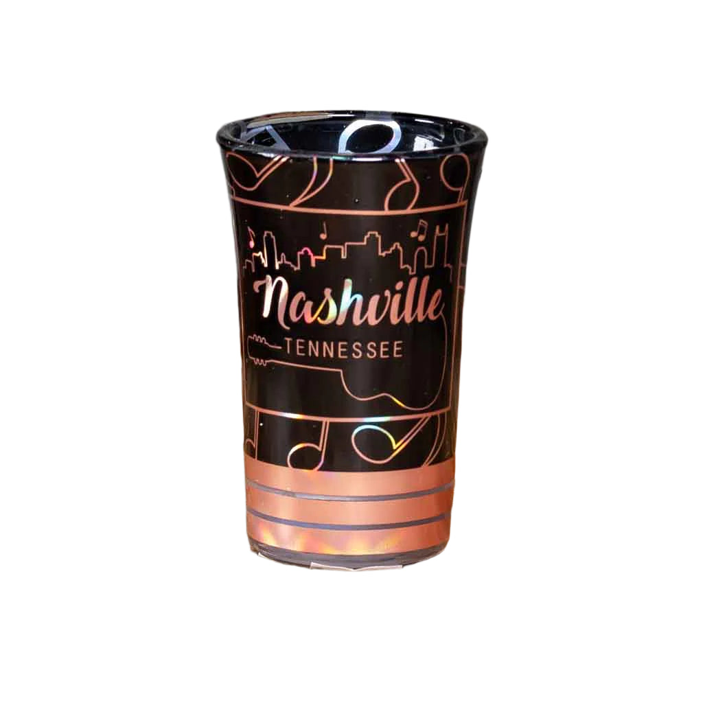 Our "Nashville Tennessee Skyline" Shot Glass features a great skyline and logo in a reflective gold printing technique.