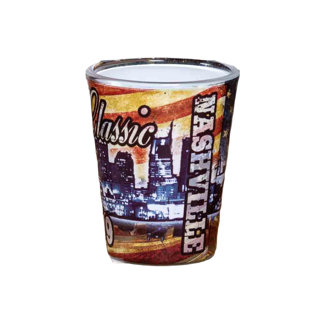 A new design Country Classic Nashville Skyline Shot Glass printed with a colorful and scenic background of Nashville, TN.