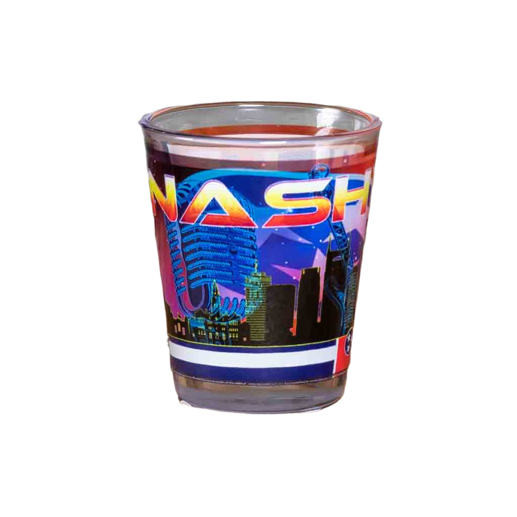 A new design Scenic Nashville Skyline Shot Glass printed with a colorful and scenic background of Nashville, Tennessee.