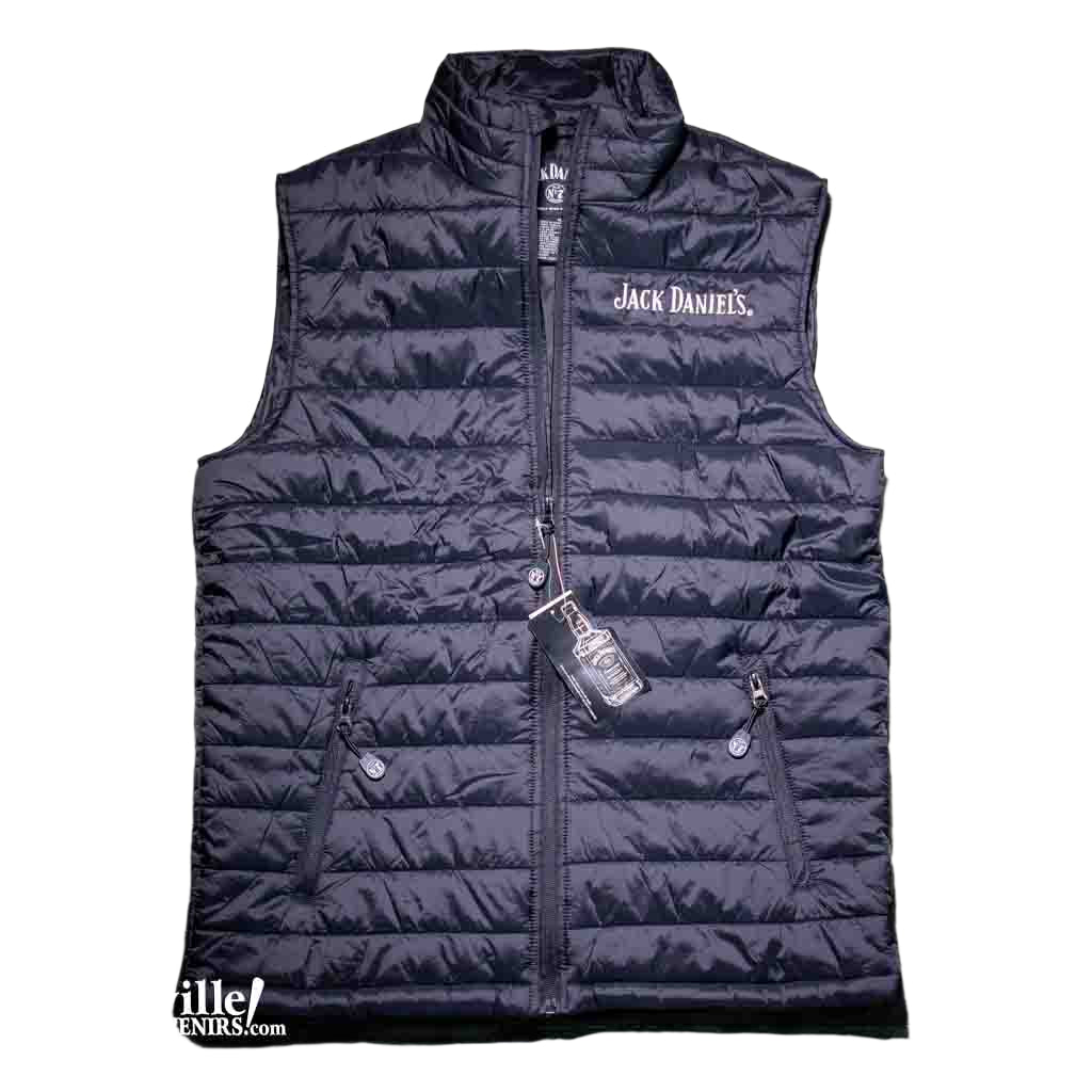 Officially licensed Jack Daniels Puffer Vest is made of soft shell nylon exterior with two front zip-up pockets. Has Jack Daniels logo embroidered logo on the front left chest.