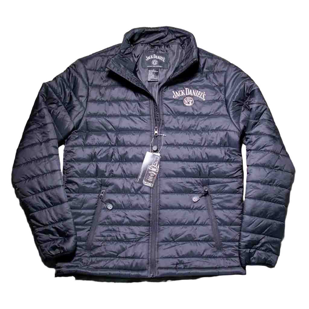 Officially licensed Jack Daniels Puffer Jacket is made of soft shell nylon exterior with two front zip-up pockets. Has Jack Daniels Swing and Bug embroidered logo on the front left chest.