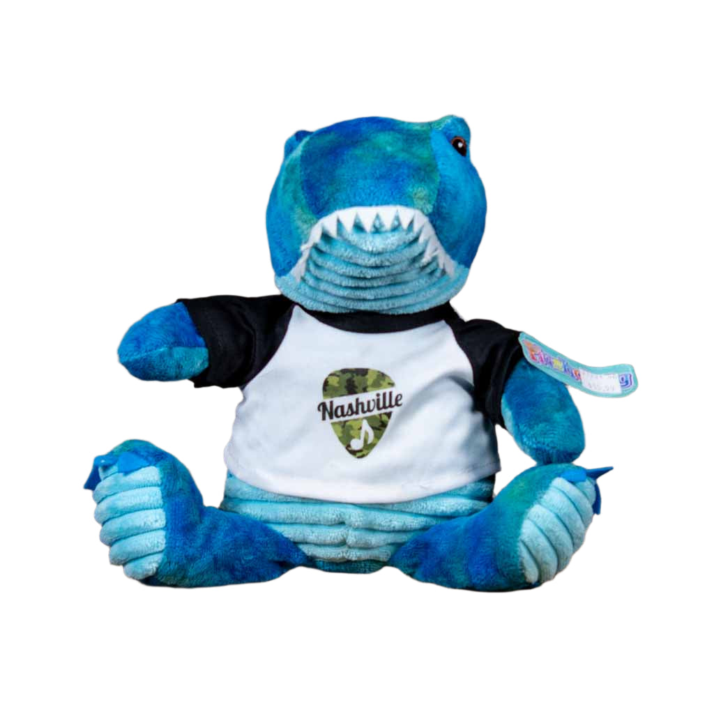 The kids are really loving our new colorful "Nashville" T-Rex Plush Toy. He's very bright and cheerful and stands (or sits!) about 9" high.