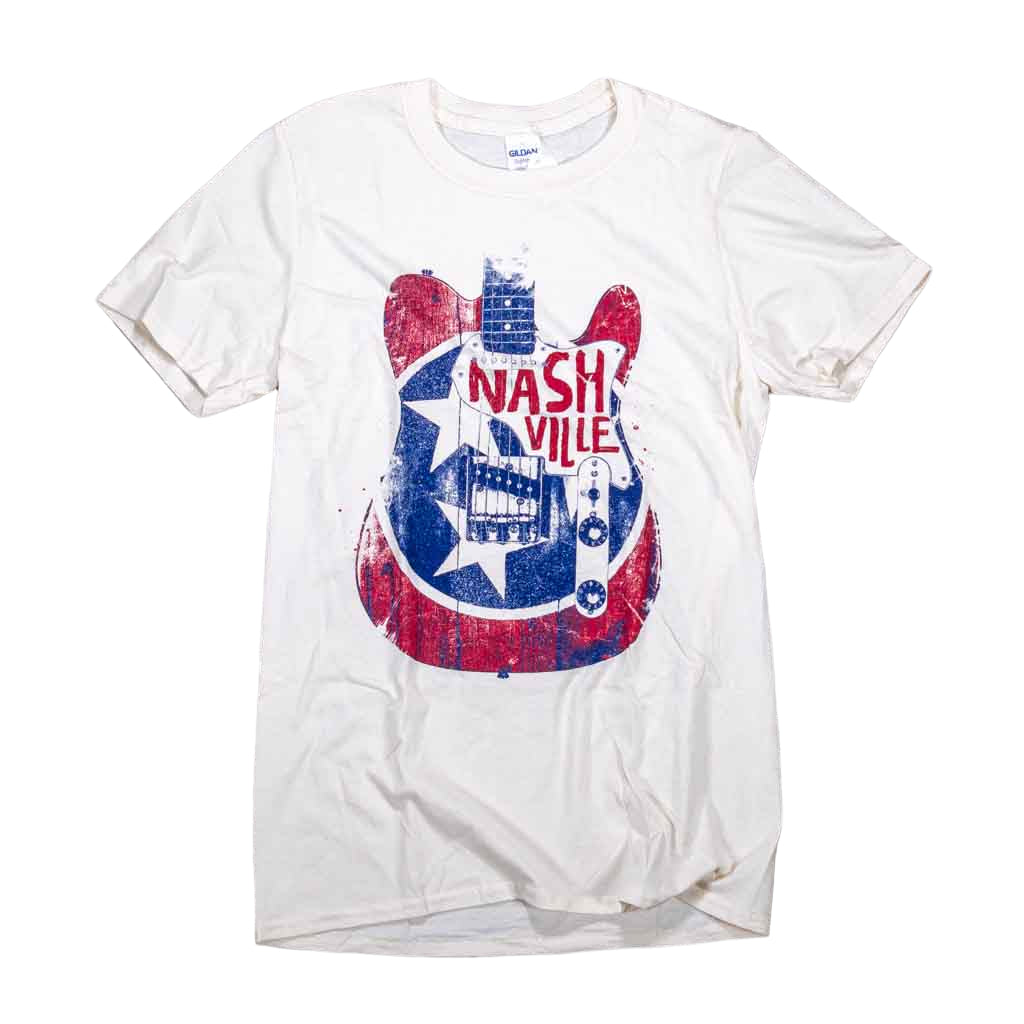 A comfy new Tri-star guitar Nashville T-shirt that features a great logo that incorporates the TN state Flag and "Nashville" within the body of an electric guitar.
