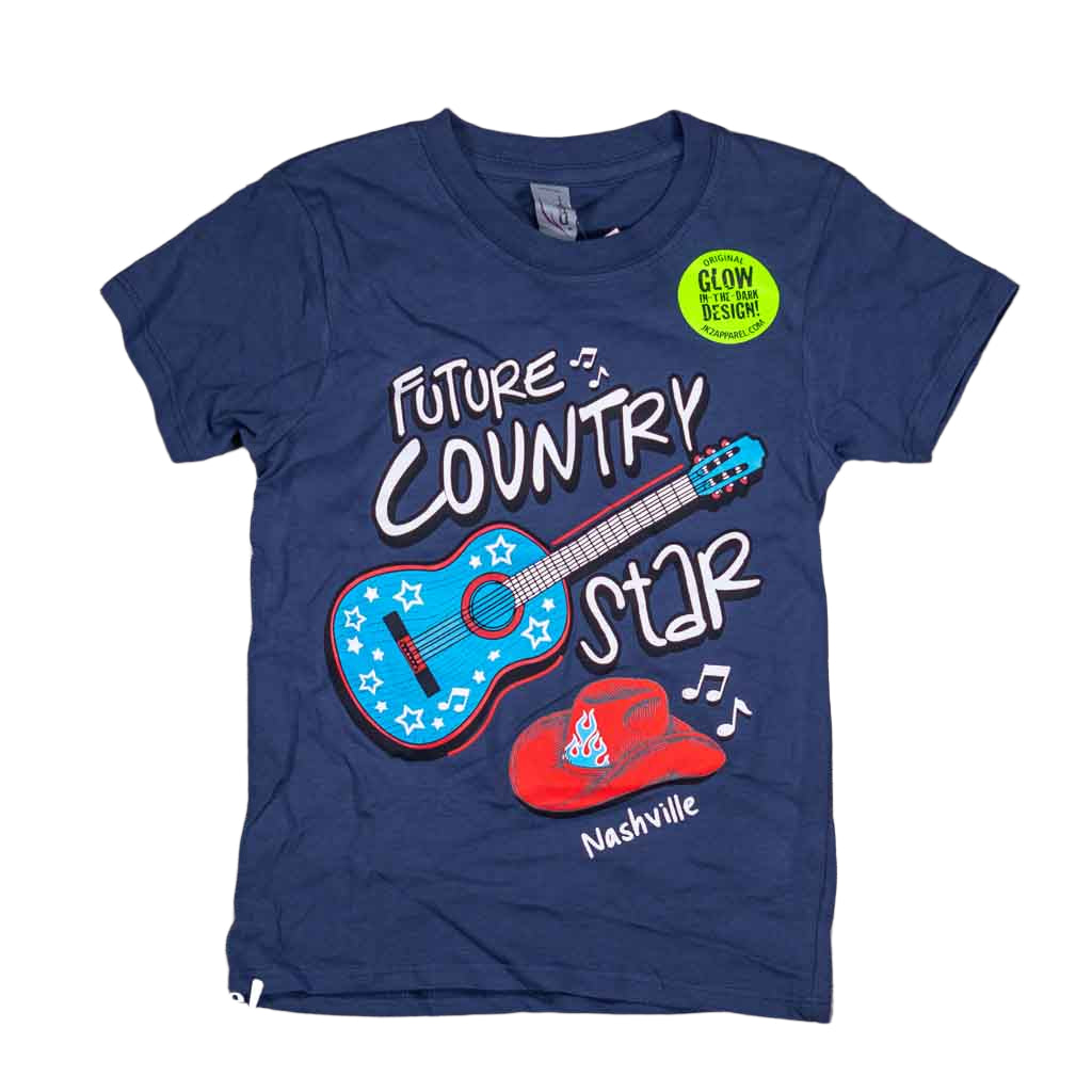 A great new glow in the dark design featuring a big bold blue and red guitar and Cowboy hat. Along with those images, printed in big letters are the words "Future Country Star Nashville" in blue color.