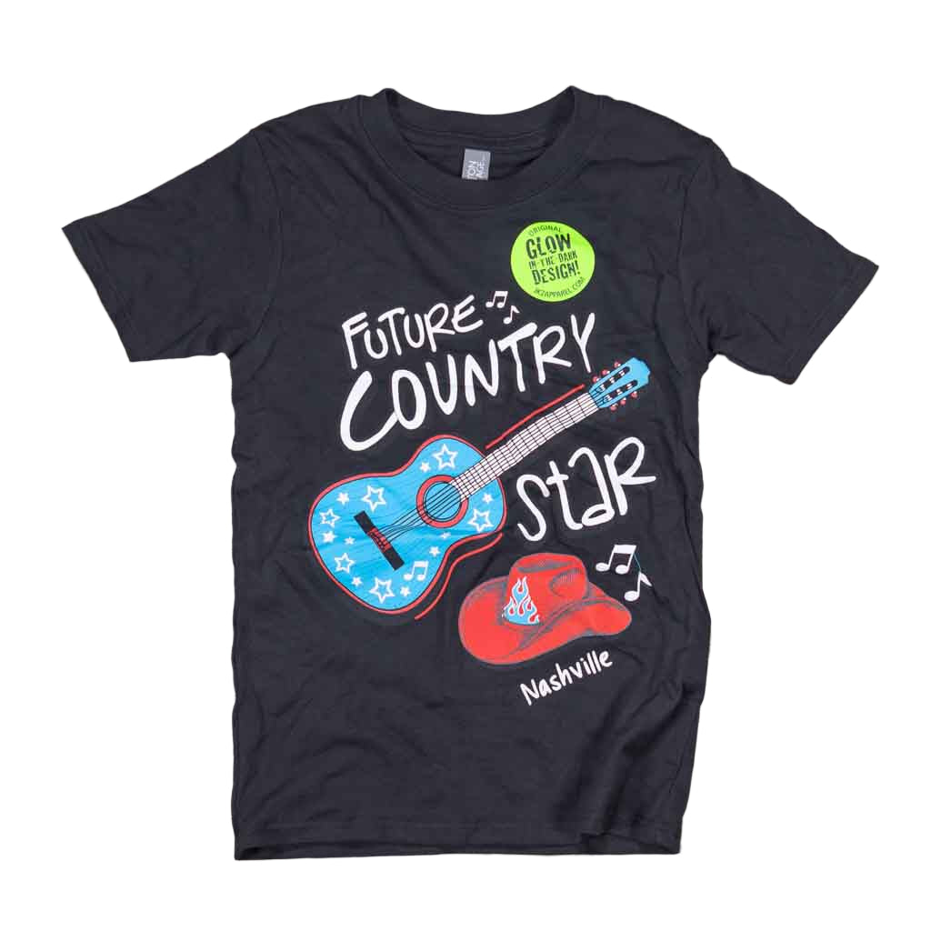A great new glow in the dark design featuring a big bold blue and red guitar and Cowboy hat. Along with those images, printed in big letters are the words "Future Country Star Nashville" in black color.