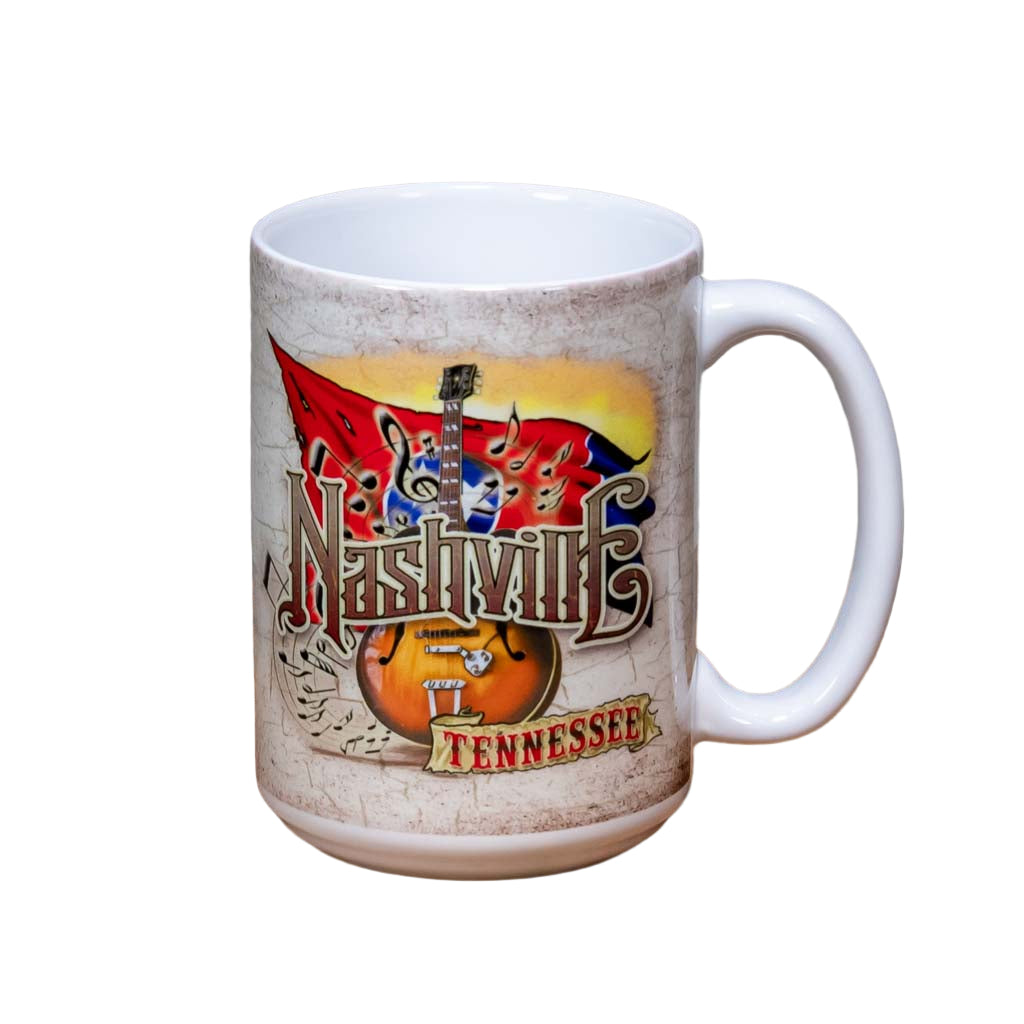 A great new colorful Nashville Tennessee Guitar and Flag Mug design. This Nashville mug is beautiful, big and easy to grip. This design features a "Nashville Tennessee" set against a colorful background of an electric guitar and the state flag of Tennessee.