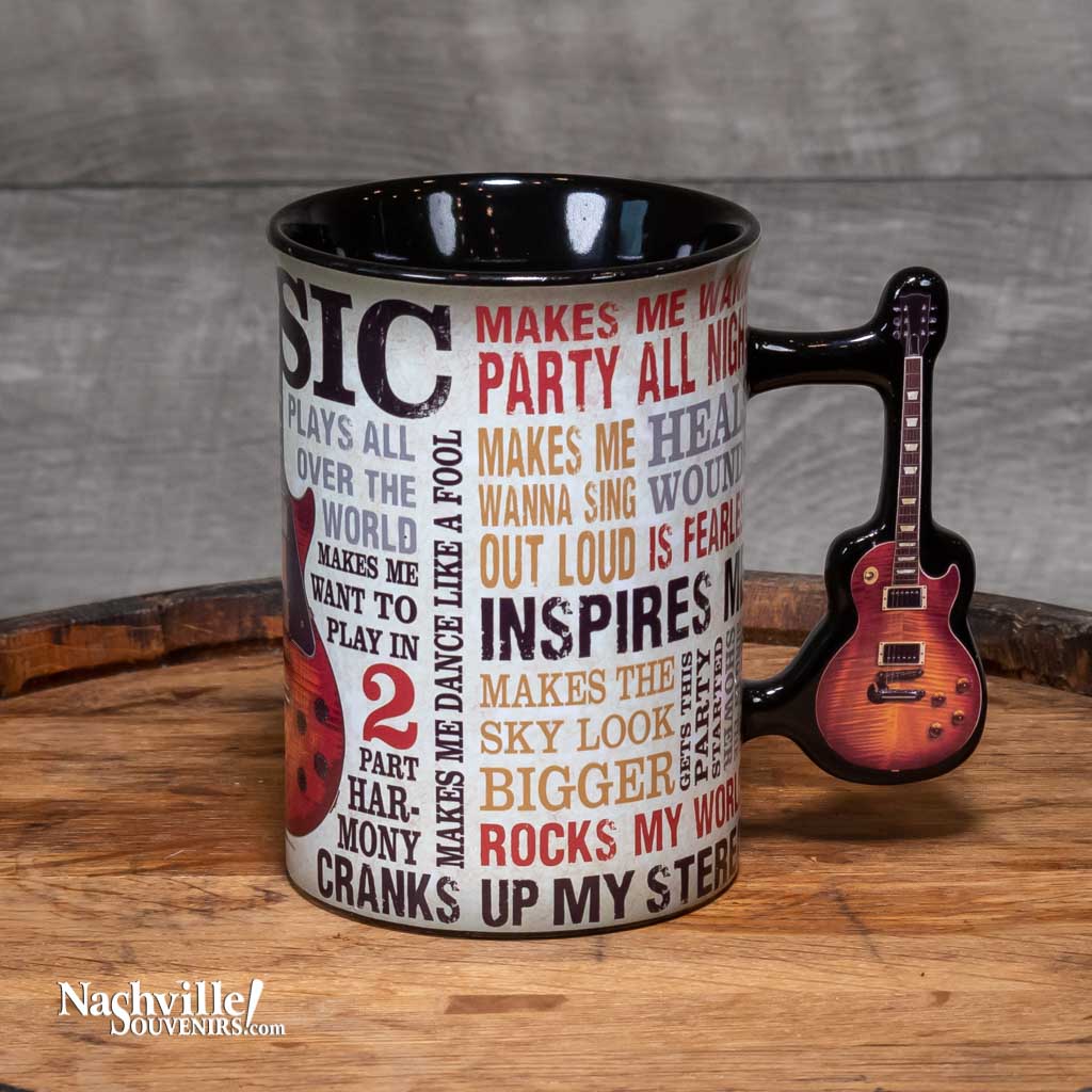 A great new mug design that sings the praises of Music. The "Music Inspires Me" Guitar Coffee Mug is big and easy to grip. This mug design features a beautiful multi-color design that includes all types of descriptions about the power of music. The handle features a full color electric guitar.