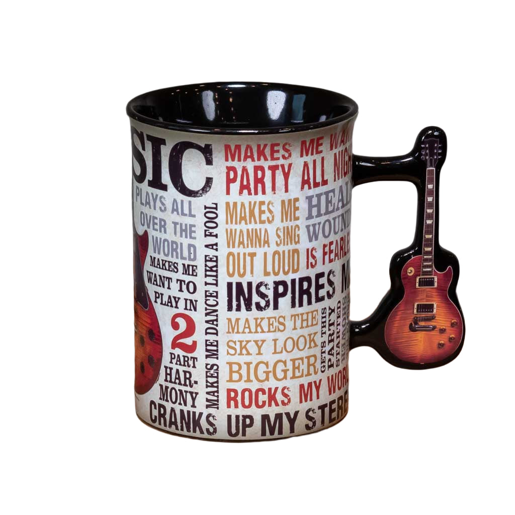 A great new mug design that sings the praises of Music. The "Music Inspires Me" Guitar Coffee Mug is big and easy to grip. This mug design features a beautiful multi-color design that includes all types of descriptions about the power of music. The handle features a full color electric guitar.