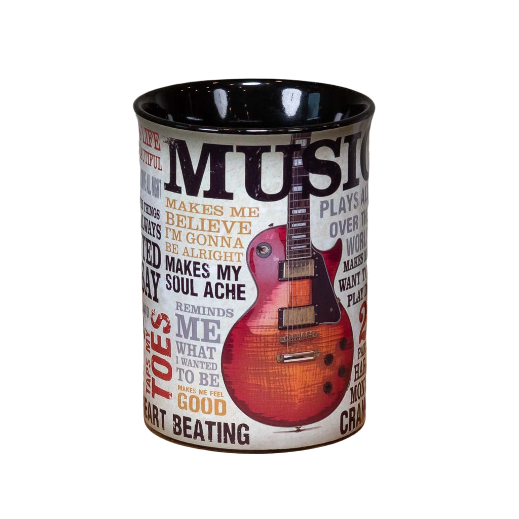 Front view of a great new mug design that sings the praises of Music. The "Music Inspires Me" Guitar Coffee Mug is big and easy to grip. This mug design features a beautiful multi-color design that includes all types of descriptions about the power of music. The handle features a full color electric guitar.